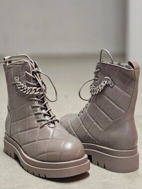 Quilted Faux Leather Lace-Up Combat Boots With Chain Accent Taupe Color